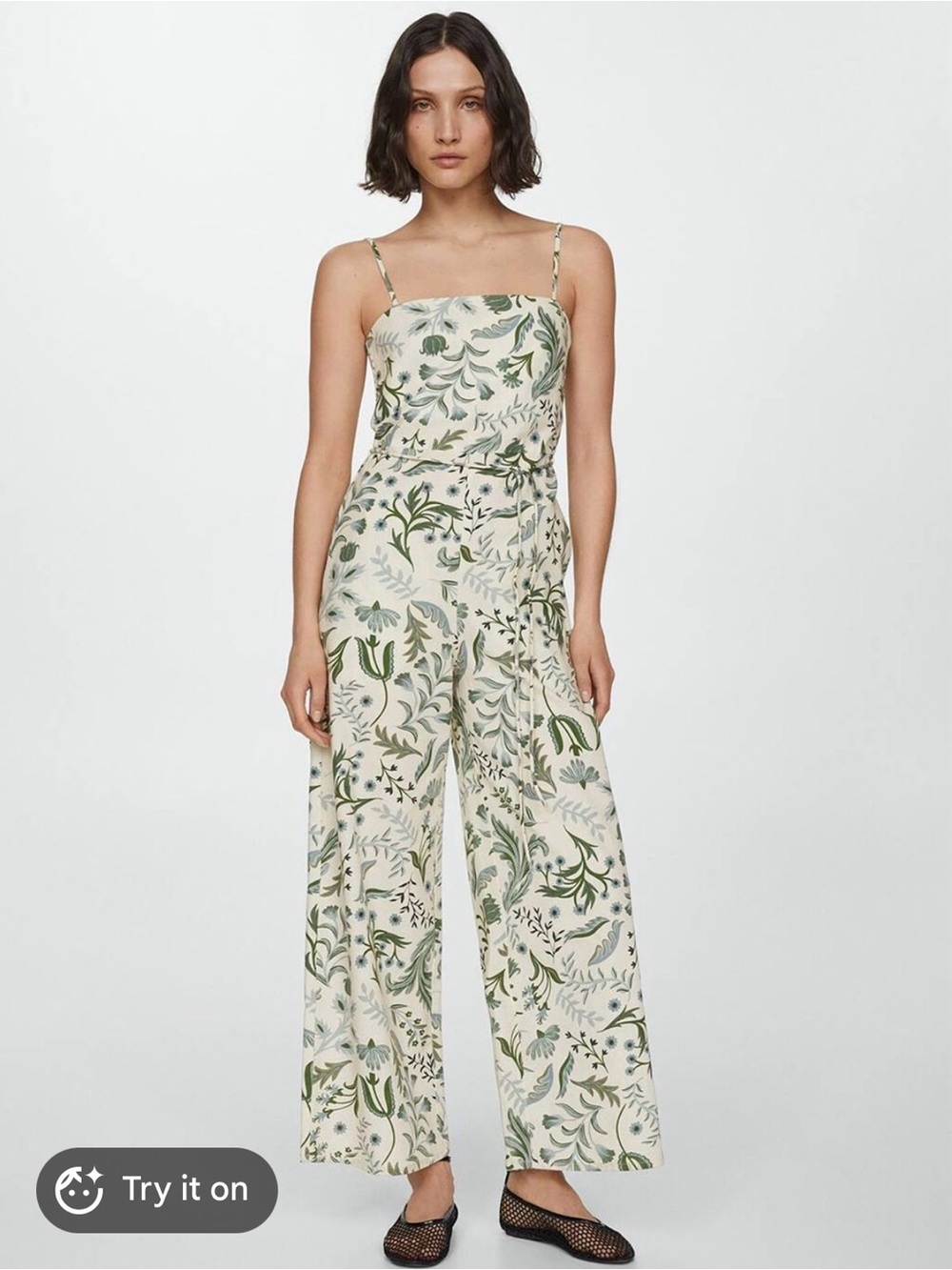 Floral Print Wide-Leg Jumpsuit in Cream and Green - Mango - L